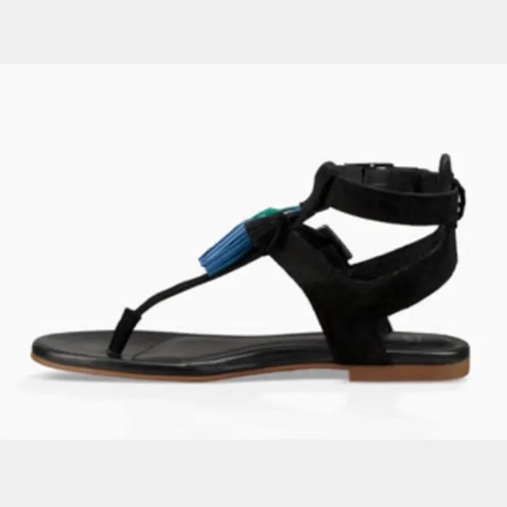 NIB $135 UGG Lecia Black Leather Ankle Wrap Sandal in size 7!